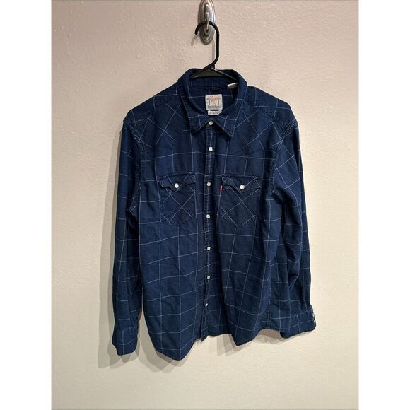 Levi’s Mens Large Barstow Western Pearl Snap Shirt Blue Standard - Picture 1 of 6